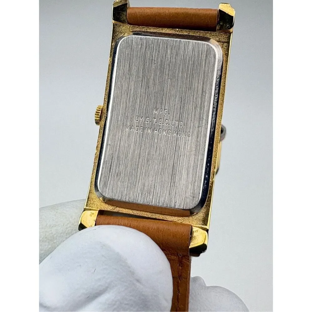 VTG USN Classic Quartz Watch Gold Tone Curved Long Rectangle Genuine Leather EM2
